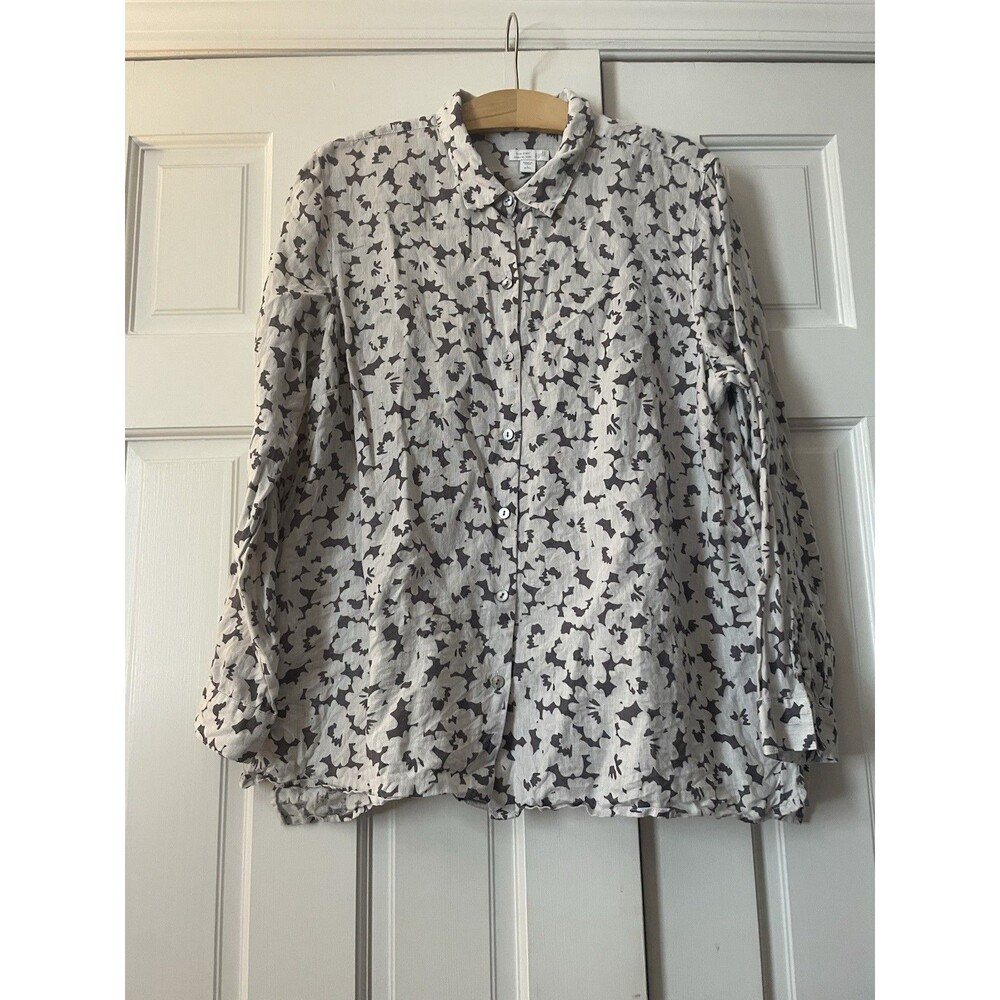 J. Jill Love Linen Essential Shirt L Petite Gray White Abstract Floral Button Up